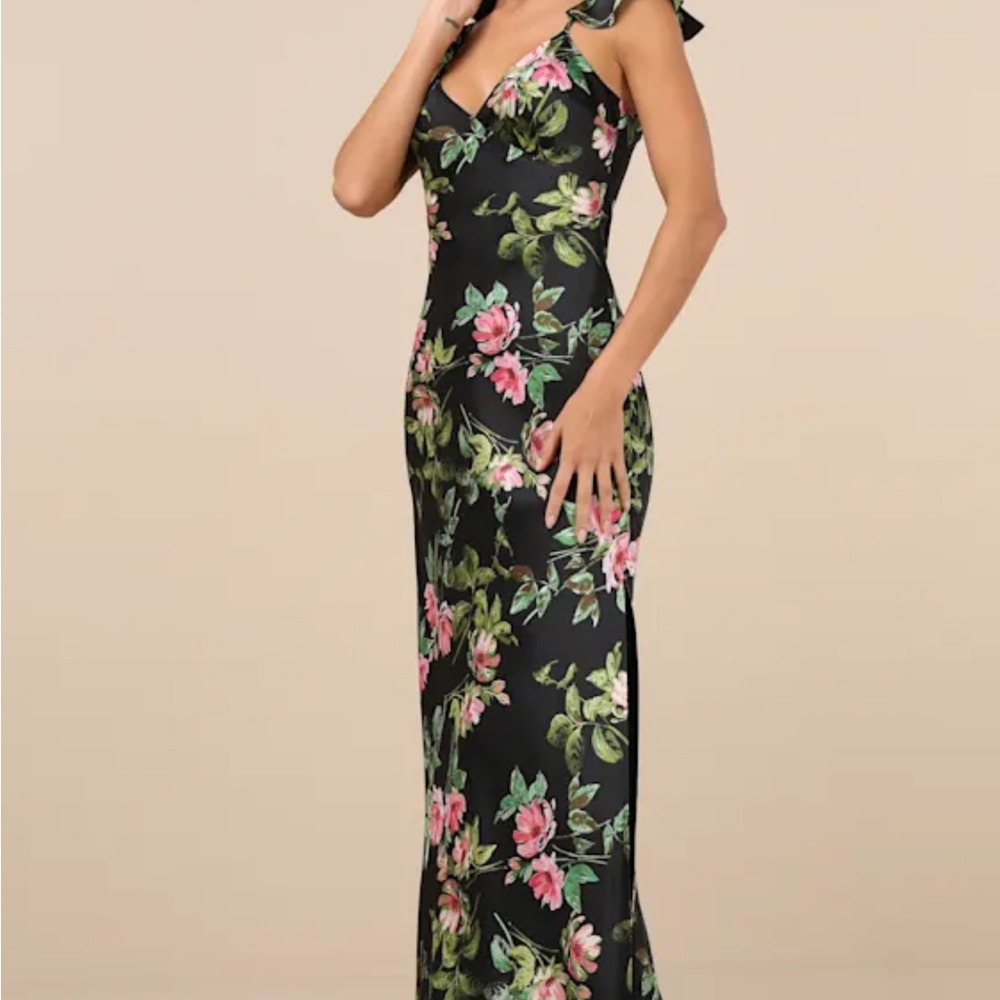Black Floral Satin Ruffled Maxi Dress